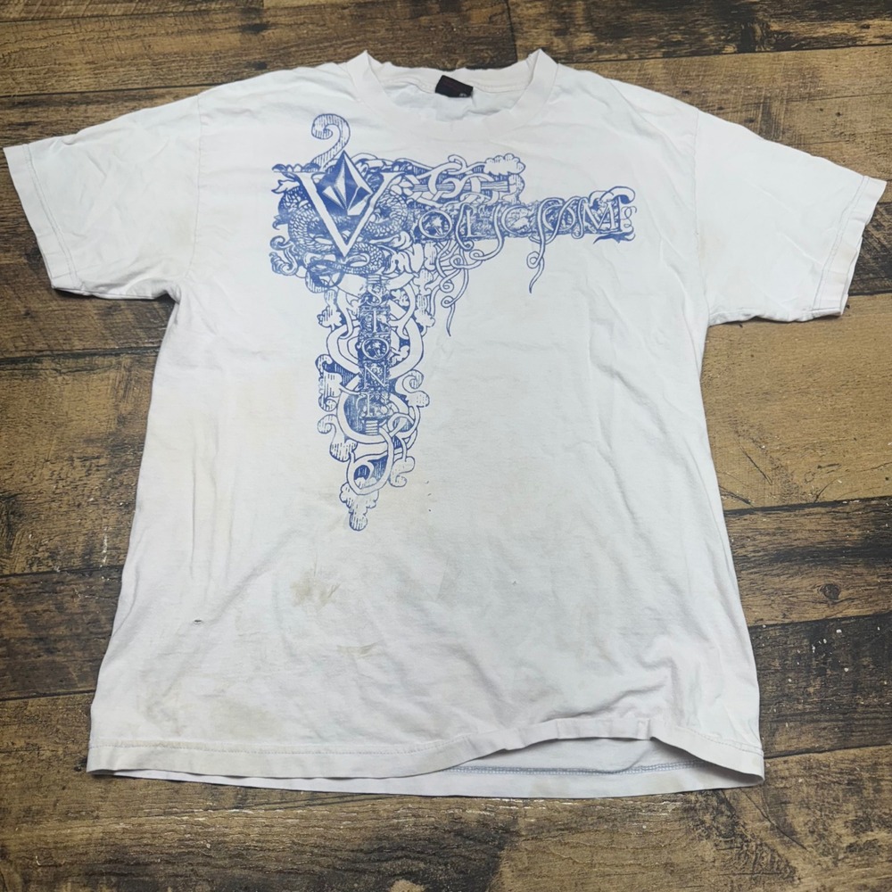 Vtg Volcom Graphic T-Shirt‎ Short Sleeve Casual White Blue Mens Size L SPOTS